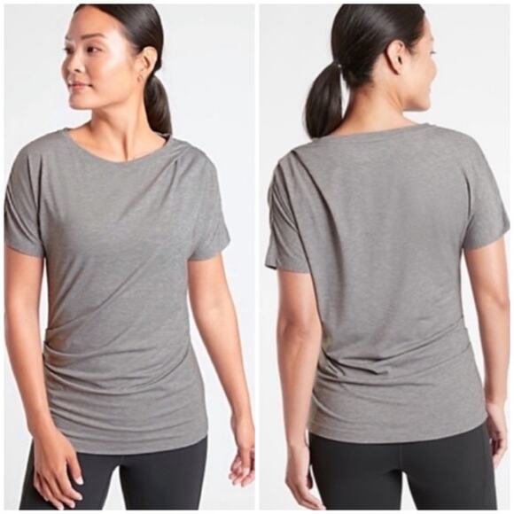 Athleta Medium M Gray Essence Pleated Tee Side Ruched Short Sleeve Round Neck - Picture 8 of 8